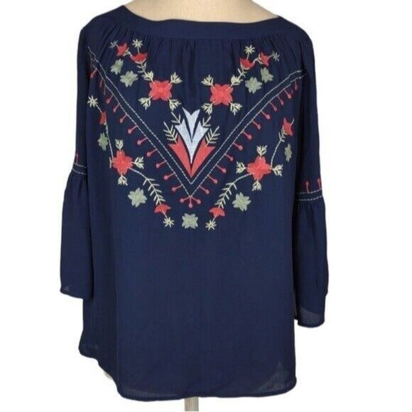Loft Embroidered Bell Sleeve Boat neck Lightweight Navy Blouse XS - Picture 2 of 16